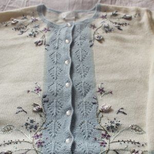 Kortet white and baby blue cardigan with floral em